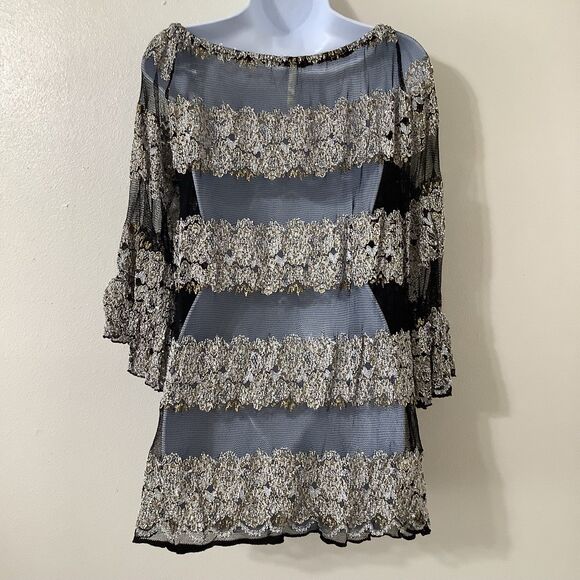 Sheer Mesh Black Gold Flowy Dark Romantic Witchy Whimsigoth Peasant Blouse XL - Picture 4 of 8
